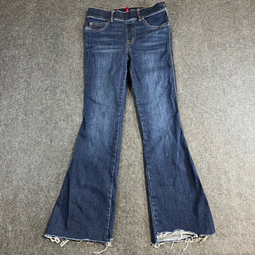 Spanx Flare Jeans Dark Wash Pull On Raw Hem Denim Tummy Control Womens S Boho